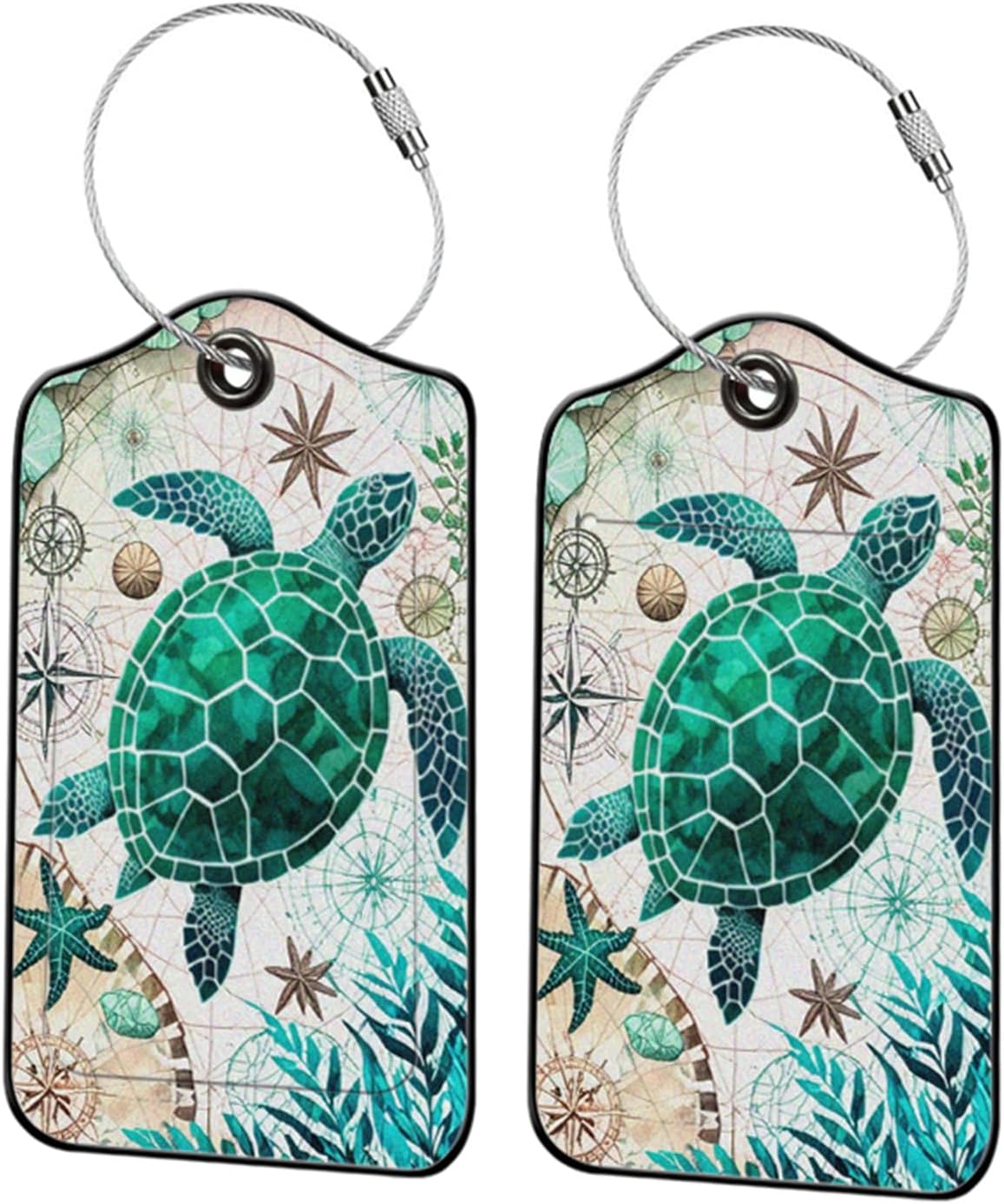Turtles Leather Luggage Tags for Suitcases, PU Cruise Ship Travel Bag Tags with Privacy Cover ID Label with Stainless Steel Loop for Women Men Girls Cute Backpack Gift 2 Pack (Green Blue)