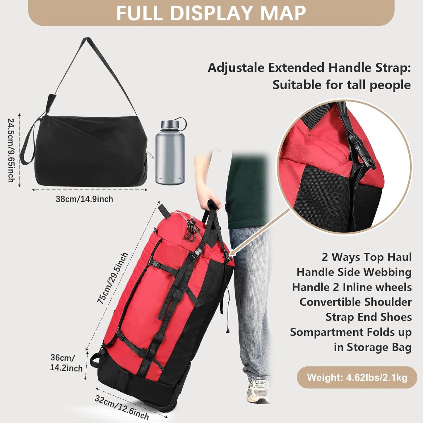 Rolling Duffle Bag with Wheels,86L 30”Folding Duffle Backpack with 2 Wheels,Travel Bag with