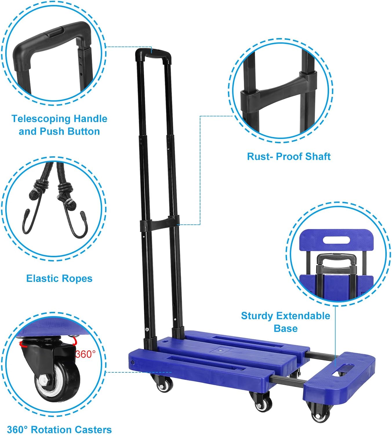 PATIKIL Folding Hand Truck, 440lb Heavy Luggage Cart Portable Duty Dolly for Moving Rubber Wheels & 2 Elastic Ropes Travel Shopping House Office Use, Black