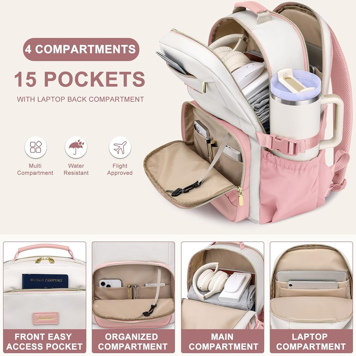 Laptop Backpack for Women Bookbag: 15.6 inch Work School Backpacks with Pouch Pocket for Large Capacity Cup & USB Charger College Book Bag Travel Business Nurse Teacher Bookbags Anti-theft Back Pack