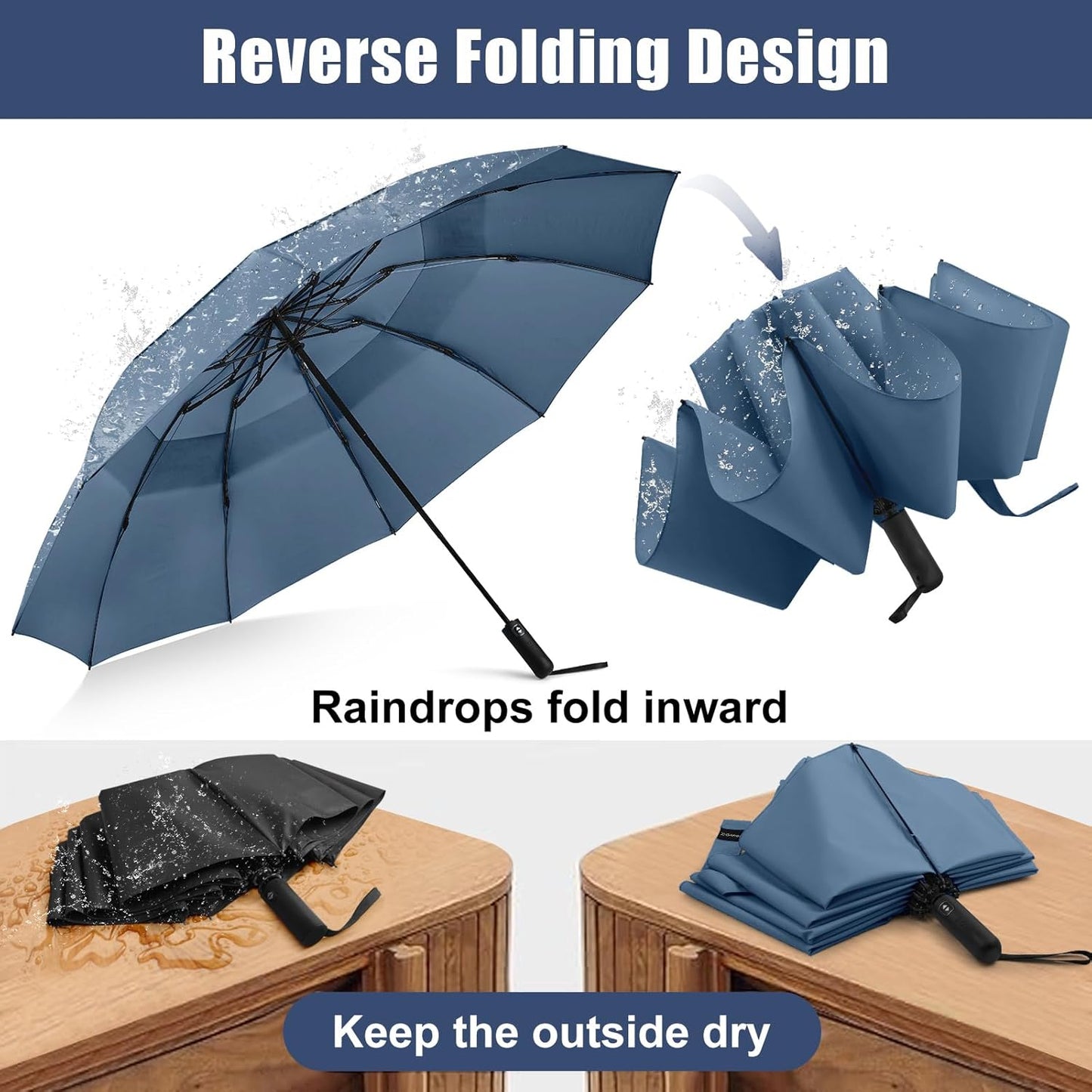 G4Free 42 Inch Inverted Travel Umbrella Compact Windproof 10 Ribs Reverse Small Portable Umbrella