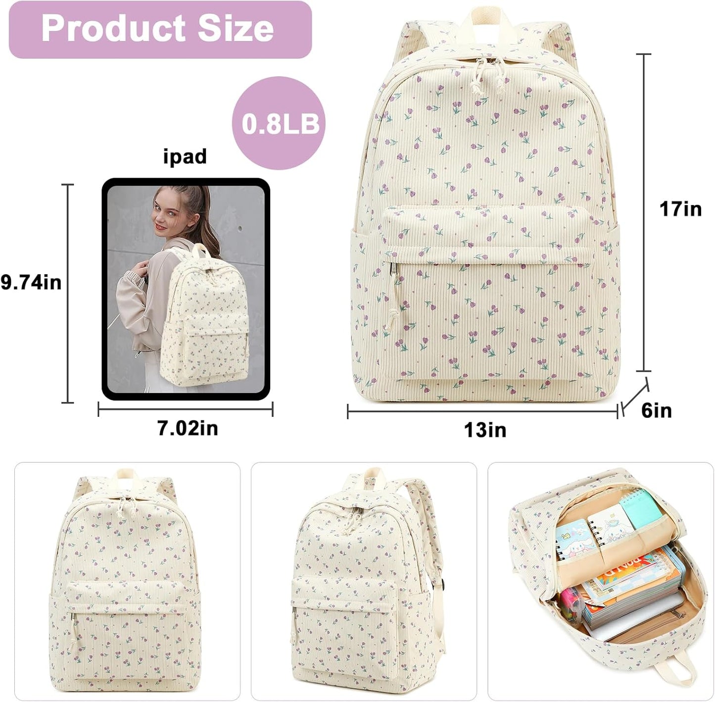 School Backpack for Teen Girls Bookbags Elementary High School Corduroy Laptop Bags Women Travel Daypacks