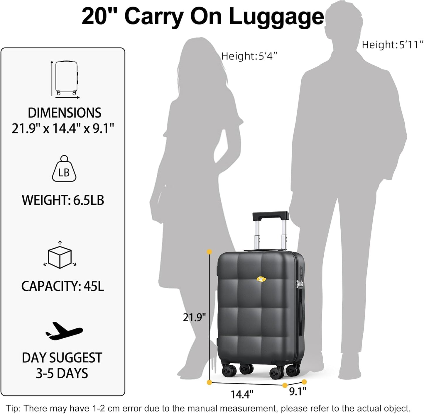 MGB Hard Shell Carry on Luggage Airline Approved, 100% PC Carry-on Suitcases with Spinner Wheels, Lightweight Hardside Travel Bag with TSA Lock, 20 Inch, Charcoal Grey