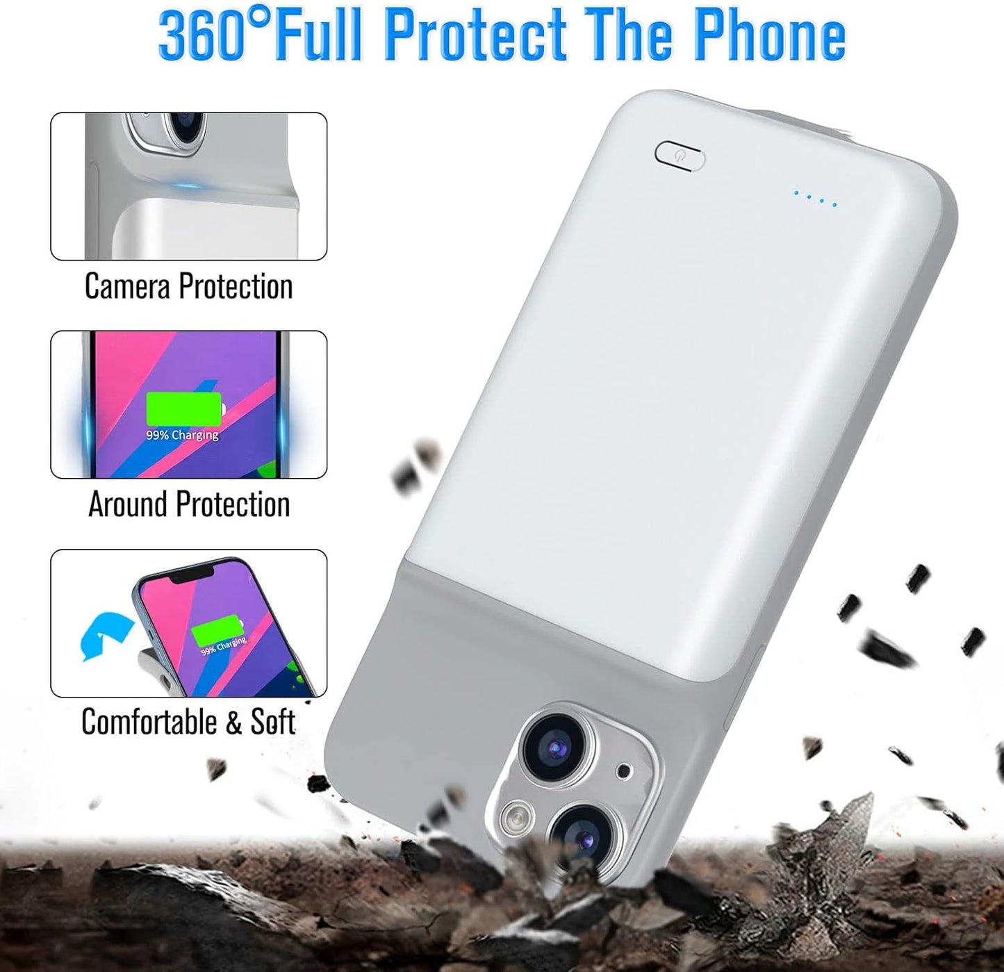 Gladgogo Battery Case for iPhone 13, Real 6000mAh Powerful Smart Charging Case Ultra Slim Rechargable External Battery Pack Compatible with 13, 6.1 inch - White
