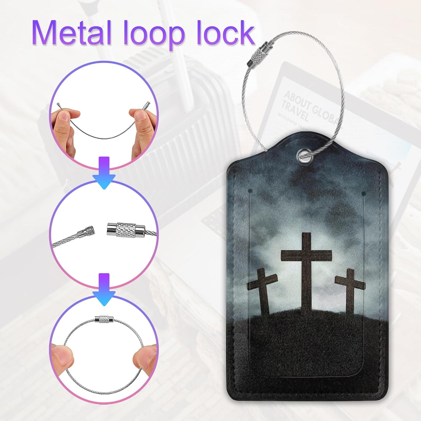 2 Pack Leather Luggage Tag for Suitcase God Blessed The Cross of Jesus Unique Travel Tags with Privacy Cover ID Label & Stainless Steel Loop for Men and Women Baggage