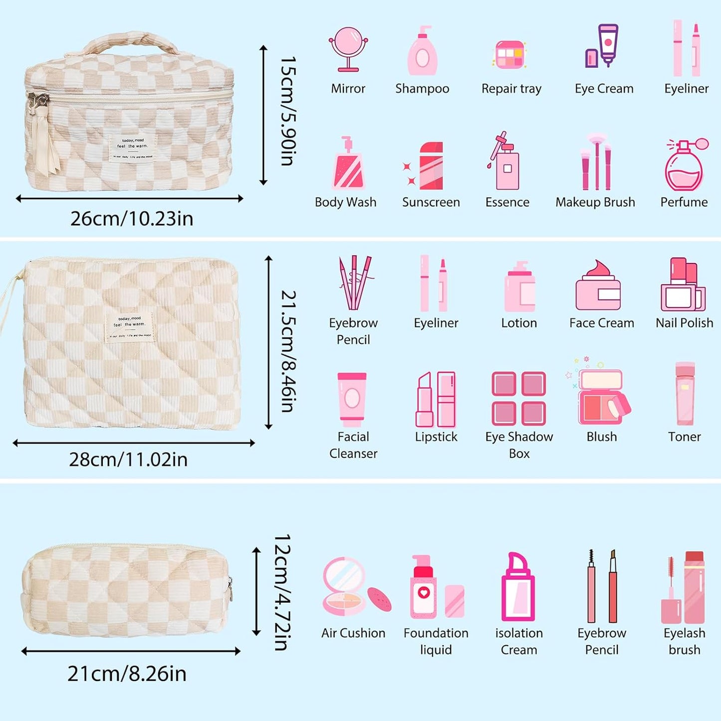 Quilted Cosmetic Bag Large Capacity Travel Cosmetic Bag for Women and Girls Aesthetic Storage for Daily and Travel Use (3pcs-browncheckered)