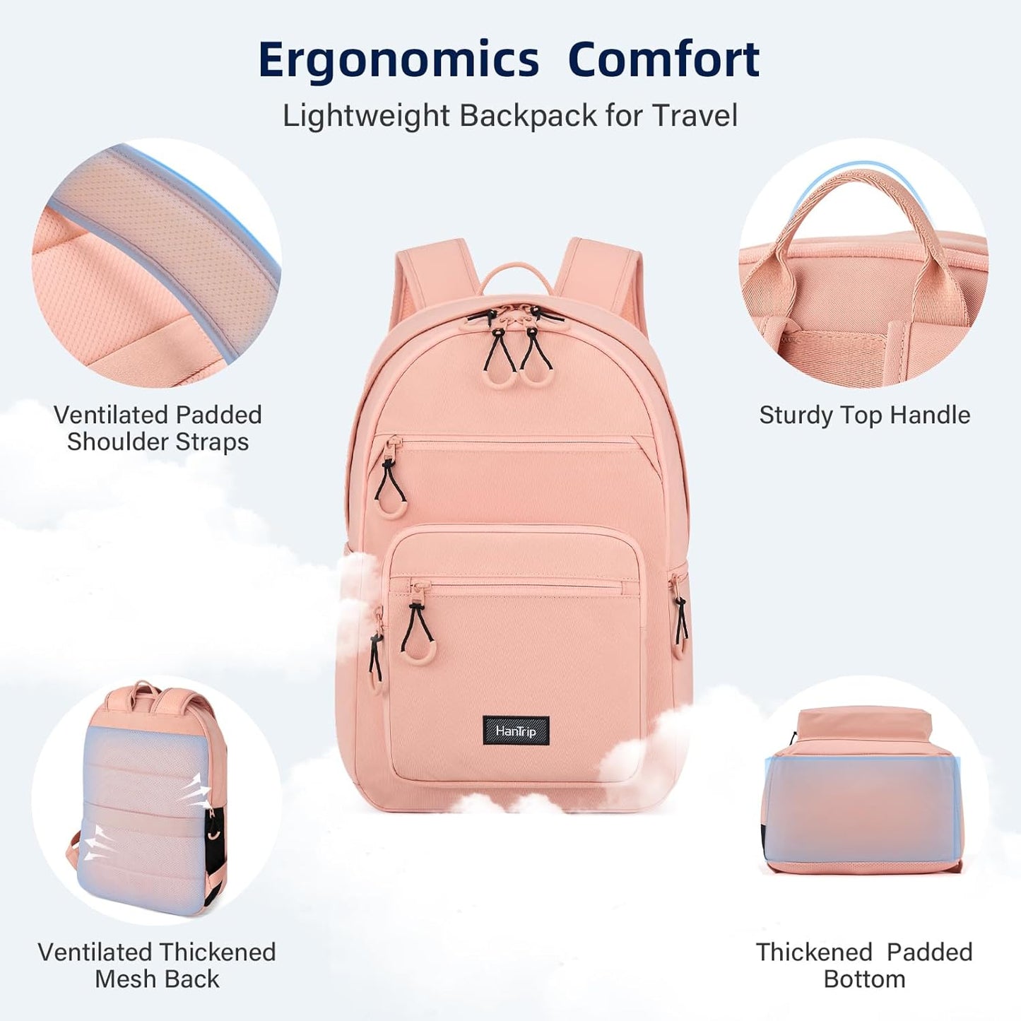 Carry On Travel Backpack For Women, 18 Inch Water Resistant Large Backpack Lightweight Bookbag For Men, 8x14x18 Personal Item Bag Casual Daypack Backpacks For Work Office Commuter (Pink)