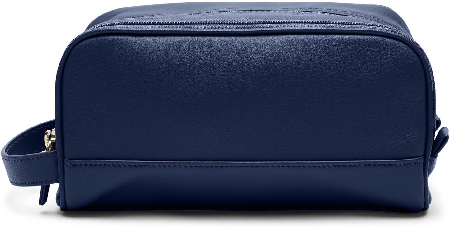 Leatherology Navy Blue Leather Toiletry Bag – Small Double Zip Dopp Kit – Full Grain Leather Travel