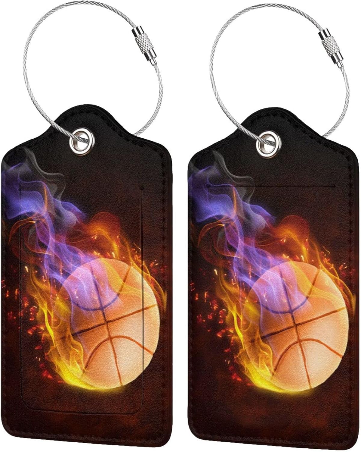 Set of 2 Sports Luggage Tags with Fire Basketball Pattern, Leather Suitcases Tag with Stainless Steel Ring for Backpack Baggage, Cool Travel Labels with Name ID Card Cover for Kids Teens Adults
