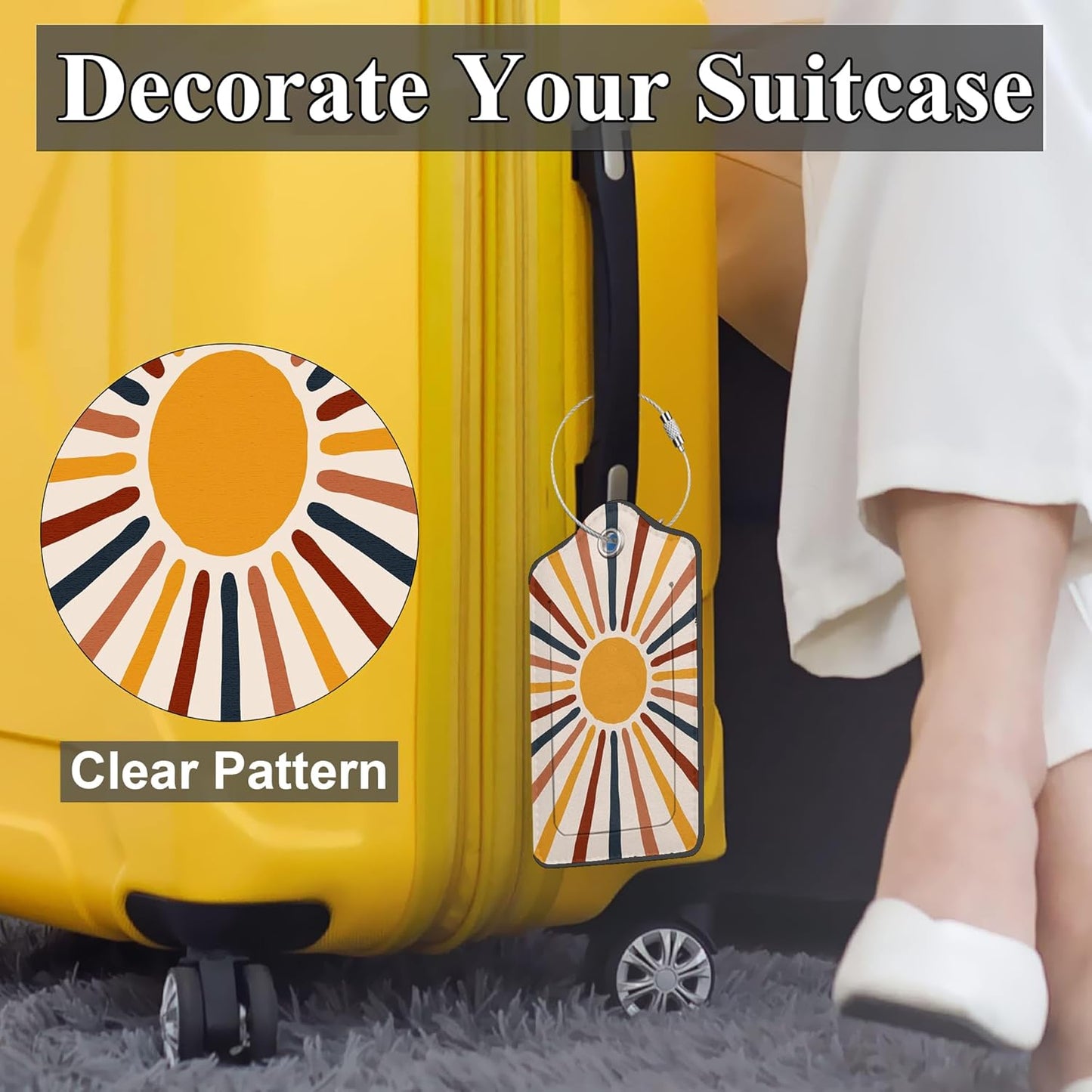 Set of 2 Luggage Tags for Suitcases, Leather Abstract Sun Moon Modern Boho Style Baggage Tags with