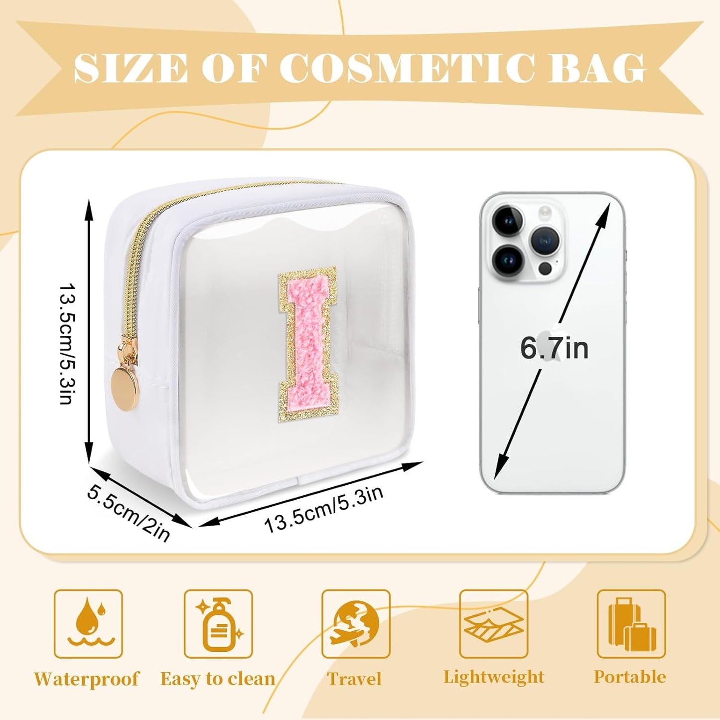 Personalized Initial Letter Clear Preppy Makeup Bag,Mini Nylon Chenille Letter Cosmetic Bag Cute Zipper Pouch Purse for Teen Girls,Portable TSA Approved Beach Travel Essentials Bag Gift for Women,I