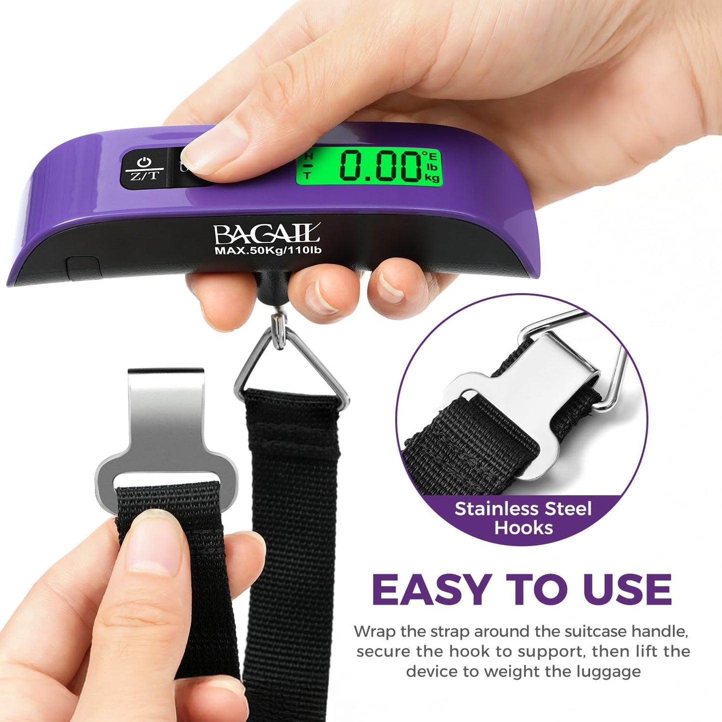 BAGAIL Digital Luggage Scale, 110lbs Hanging Baggage Scale with Backlit LCD Display, Portable Suitcase Weighing Scale, Travel Luggage Weight Scale with Hook, Strong Straps for Travelers