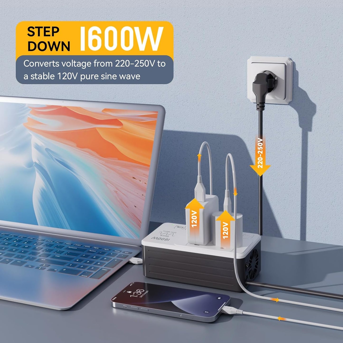 1600W 220V to 110V Voltage Converter, Universal Power Plug Adapter Voltage Converter US to Europe International Travel, Power Any American Appliances in 220-250V, Plug & Play, No Limitations