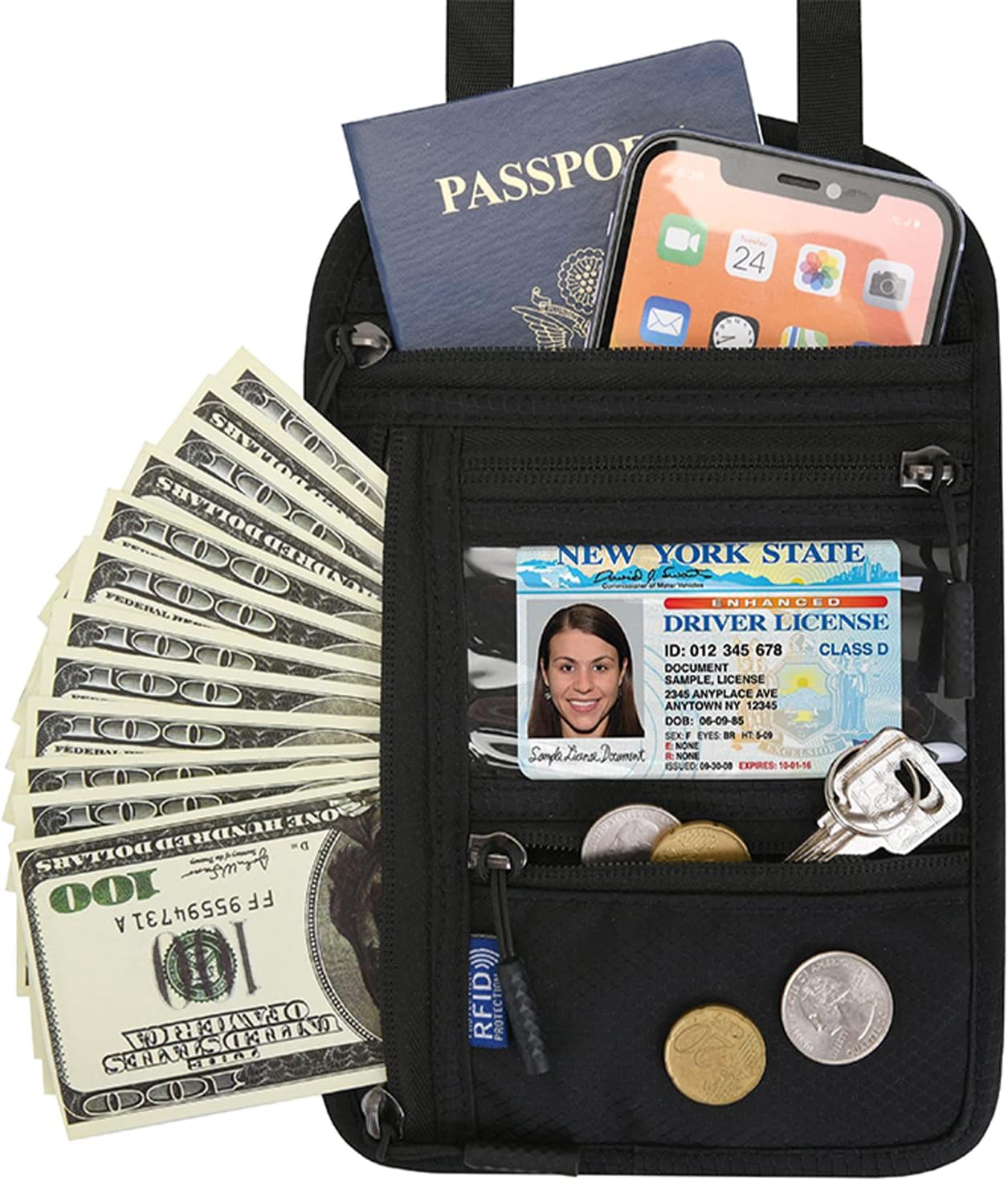Surblue RFID Blocking Neck Wallet Travel Passport Holder Neck Pouch Vaccination Card Holder for Women & Men, Black
