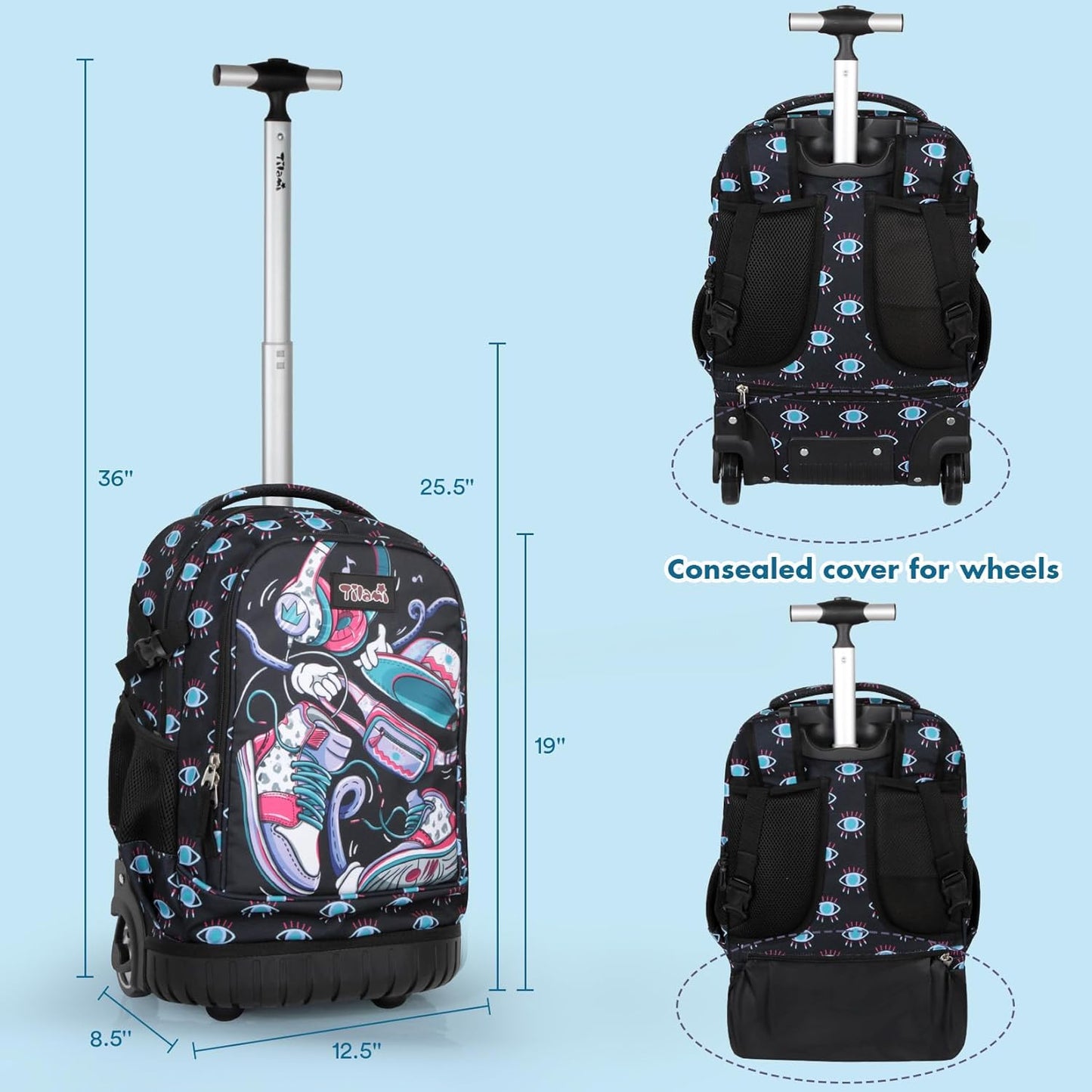 Tilami Rolling Backpack for Kids 18 Inch Wheeled Bookbag for Boys & Girls for School & Travel,Sports Black