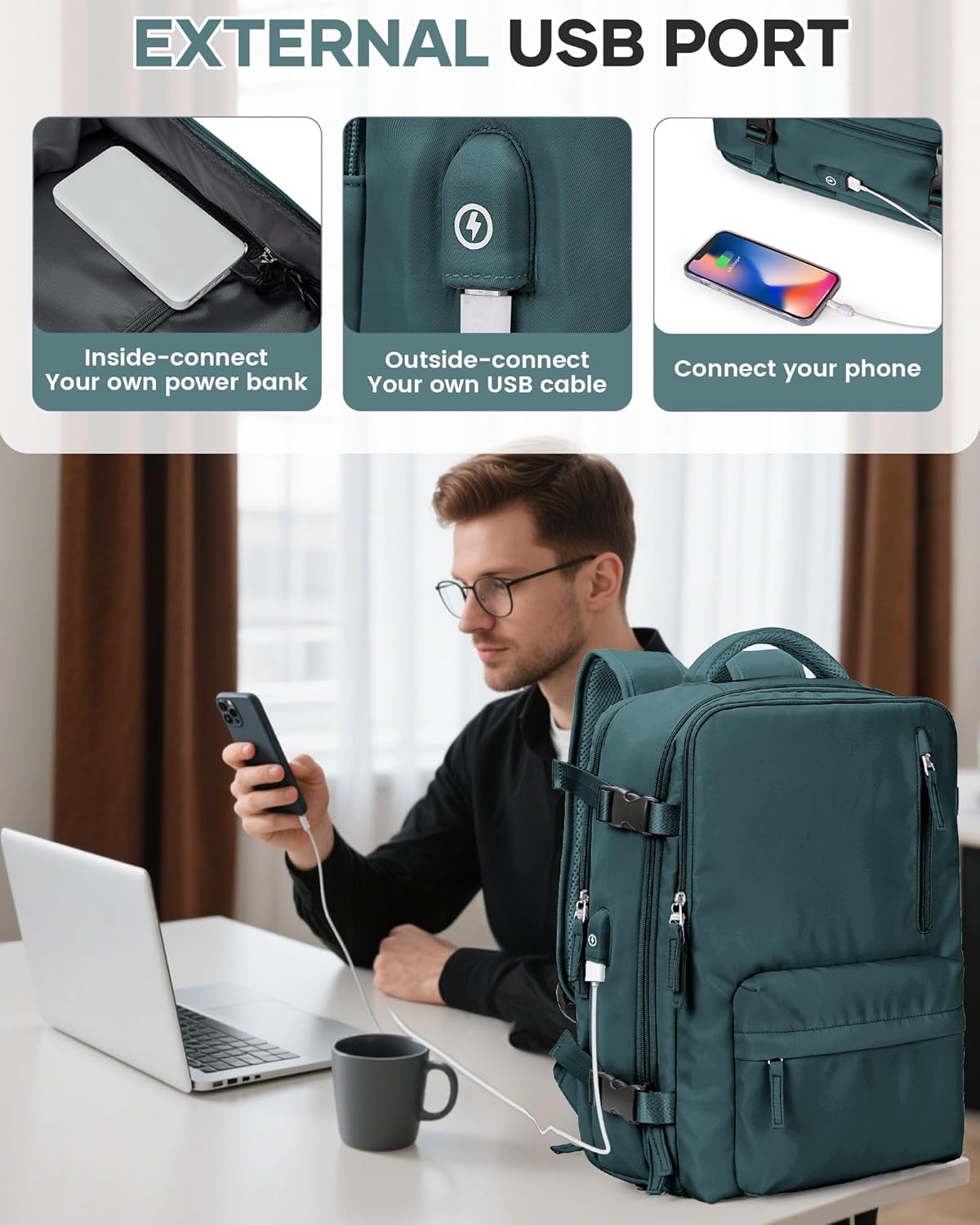 Vacuum Backpack Travel with Pump, Water Resistant Cabin Size Travel Backpack with Vacuum System, 18x14x8 Frontier Personal Item Travel Bag for Men Women Fits 16" Laptop Backpack, Peacock blue