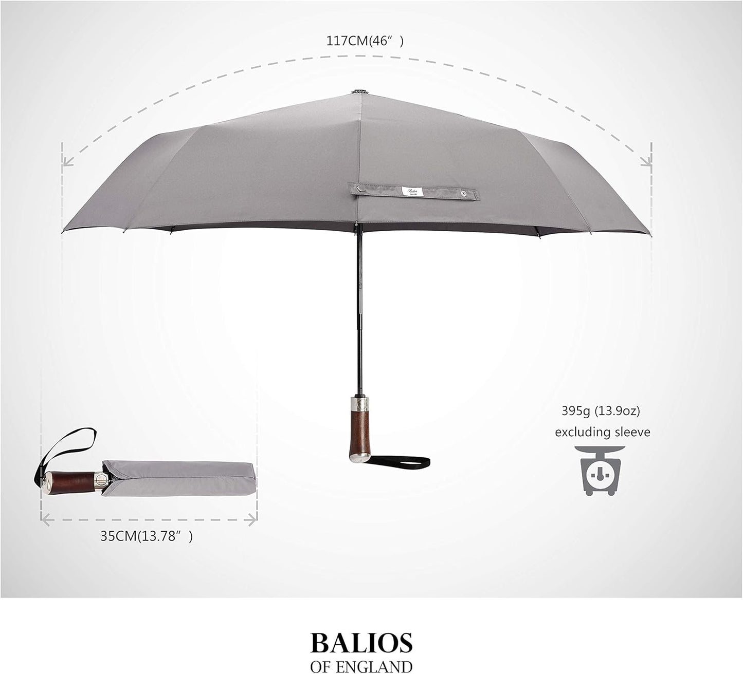 Balios (Designed in UK) Travel Umbrella Luxurious Golden Hardwood Handle Auto Open & Close Windproof Frame Single Canopy Automatic Folding Umbrella Men's & Ladies