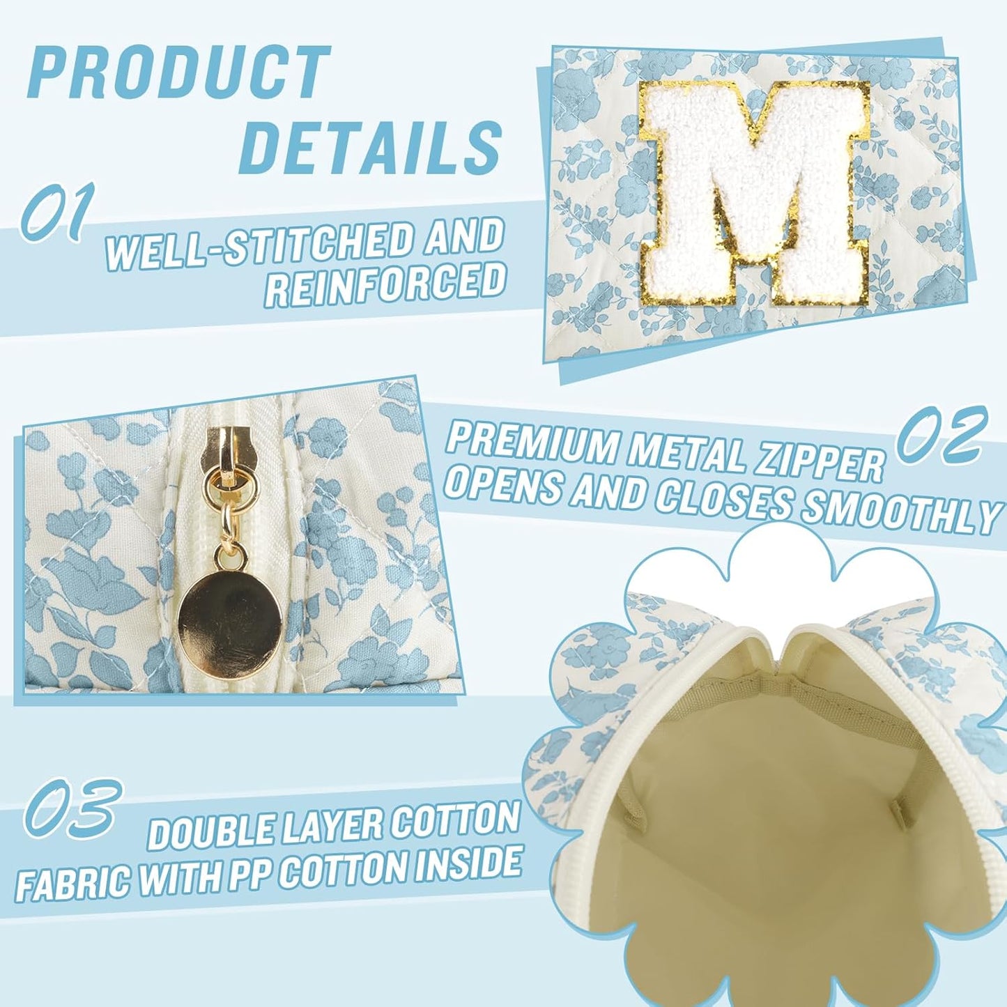 Personalized Quilted Cosmetic Bag, Puffy Monogrammed Christmas Birthday Gifts for Women & Girls, Cute initial Floral Makeup Bag Puffer Coquette Bag, Aesthetic Travel Toiletry Zipper Pouch(Blue,M)