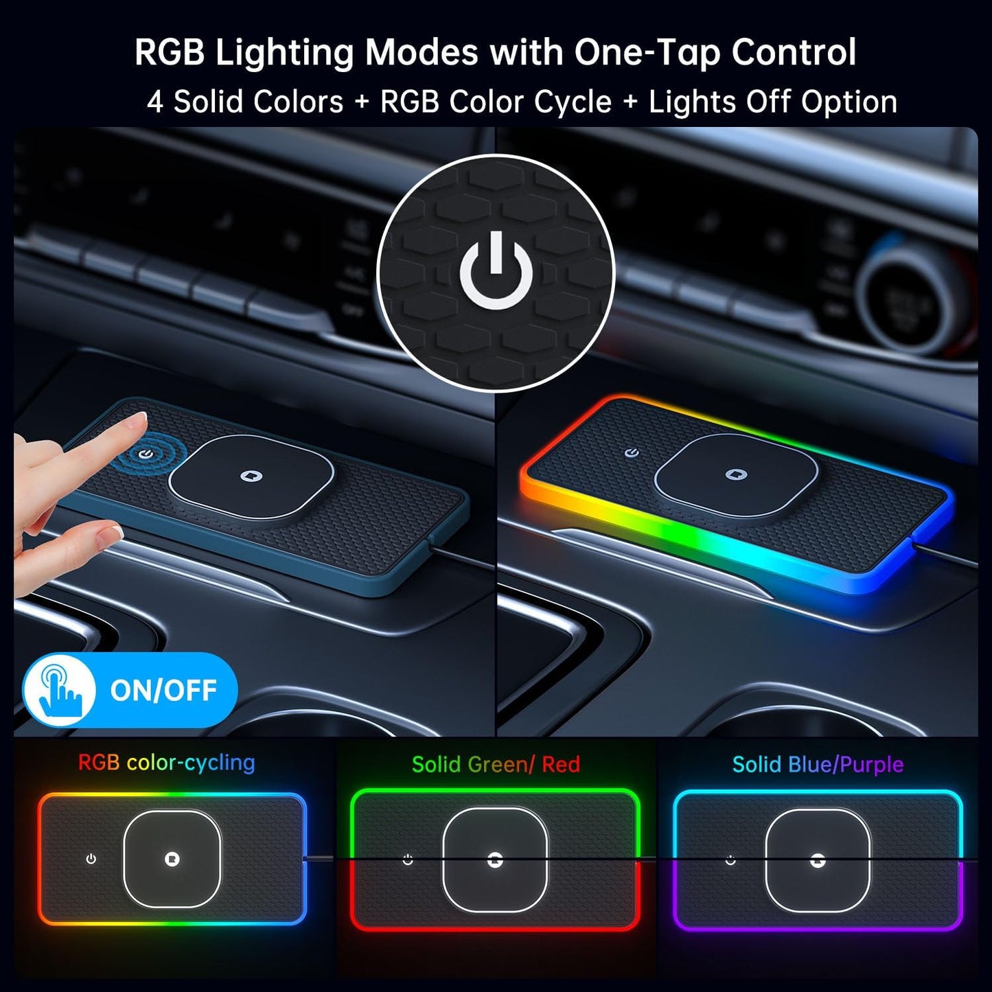 RGB Wireless Car Charging Pad for Magsafe, REESTECQI 15W LED Magnetic Wireless Charger for Car Non Slip Type C Charging Mat with 40W Car Charger Compatible with iPhone 17-12, Airpods (30CM Cable)