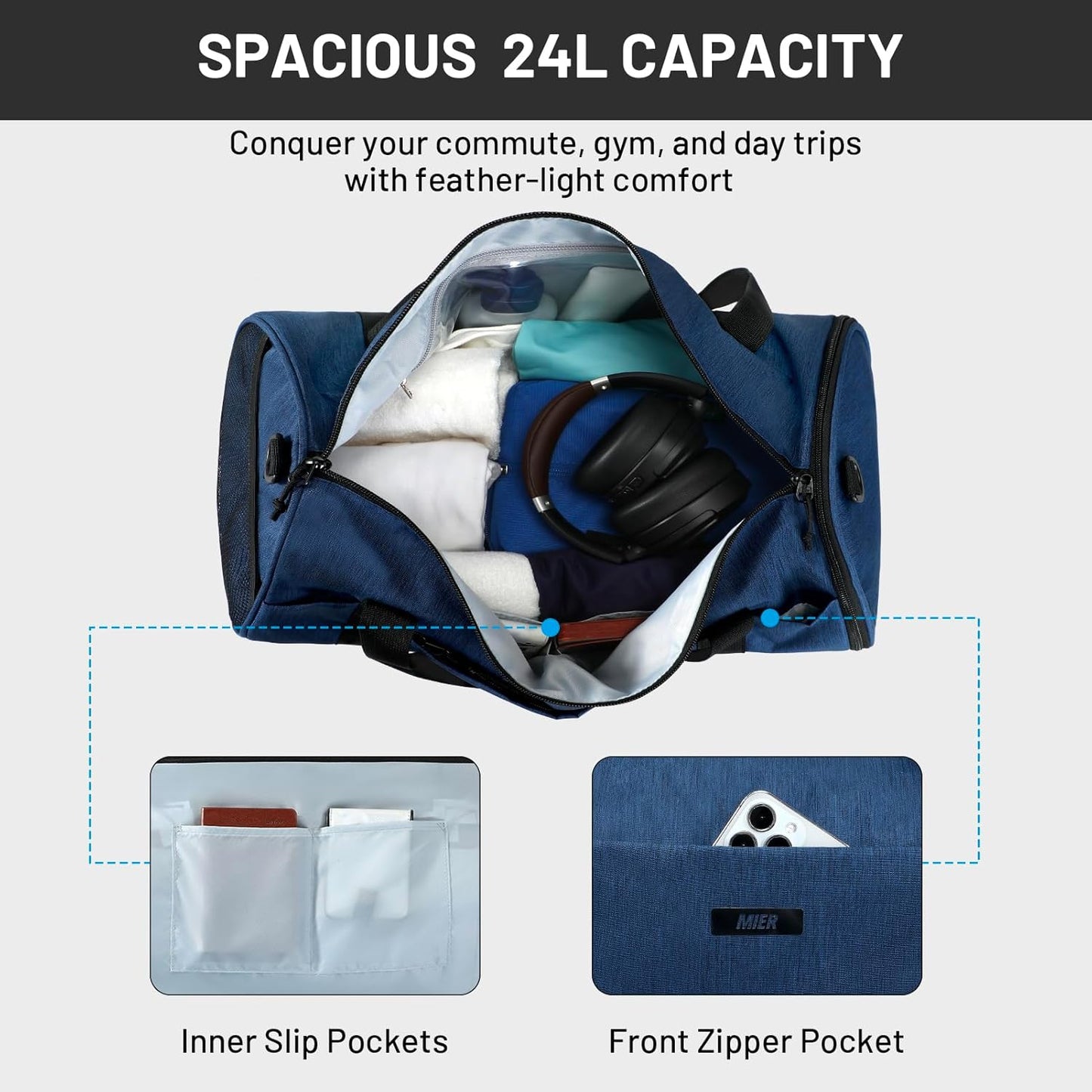 MIER Gym Bag Round Duffle Bag with Shoe Compartment & Wet Pocket, Lightweight Carry on Duffel for Men Women Workout Fitness Travel Sports, 24L, Navy