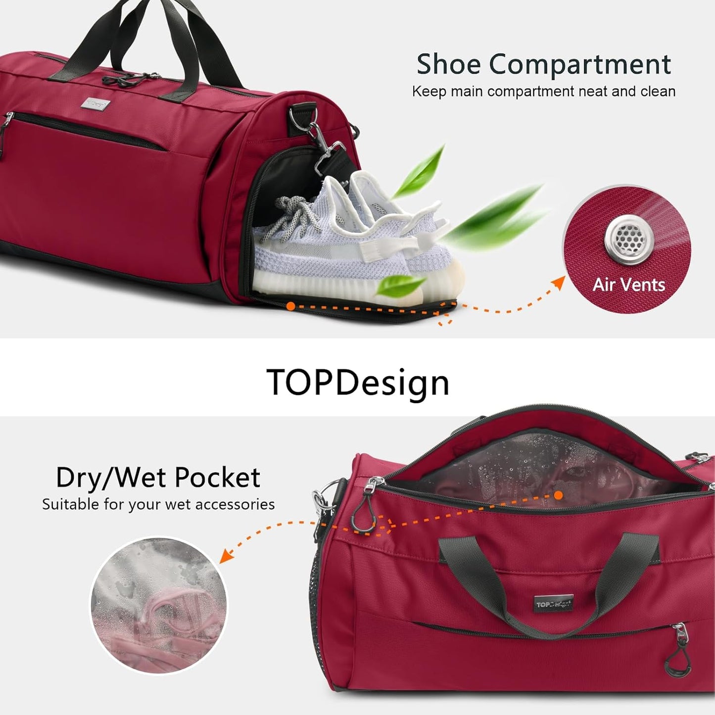 TOPDesign Gym Bag for Women & Men, Unisex Duffel Bag with Shoe Compartment & Wet Pocket for Travel