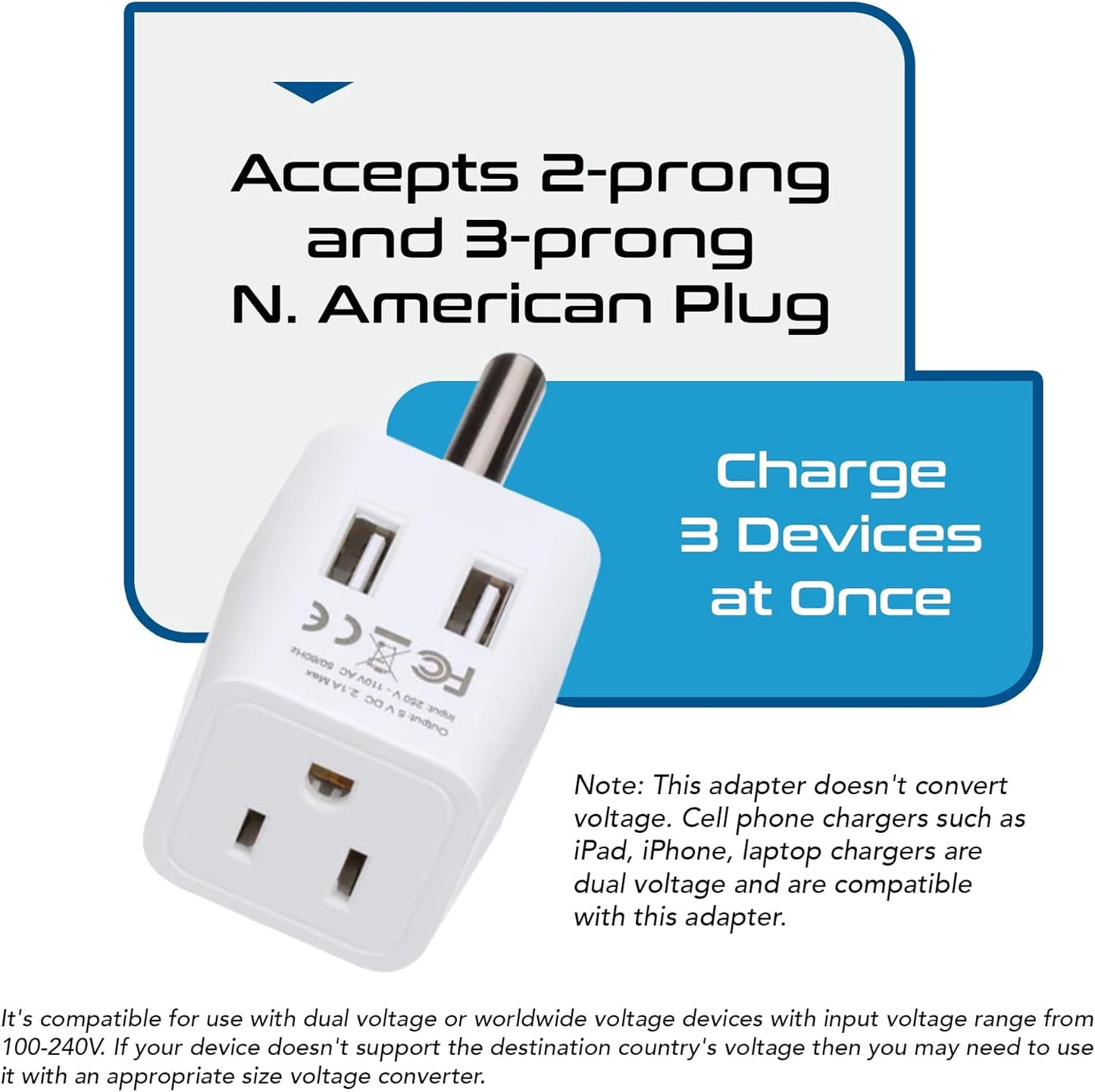 Ceptics South Africa, Botswana Travel Adapter Plug With Dual USB + USA Input - Type M - Ultra Compact - Safe Grounded Perfect for Cell Phones, Laptops, Camera Chargers and More (CTU-10L)