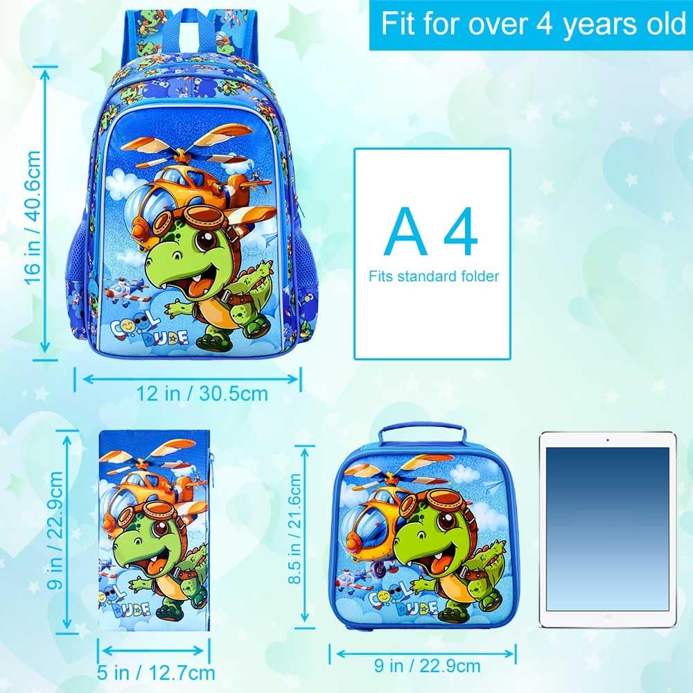gxtvo 3PCS Boys Dinosaur Backpack, 16" Kids Airplane Bookbag with Lunch Box, Water Resistant Elementary Preschool Toddler School Bag