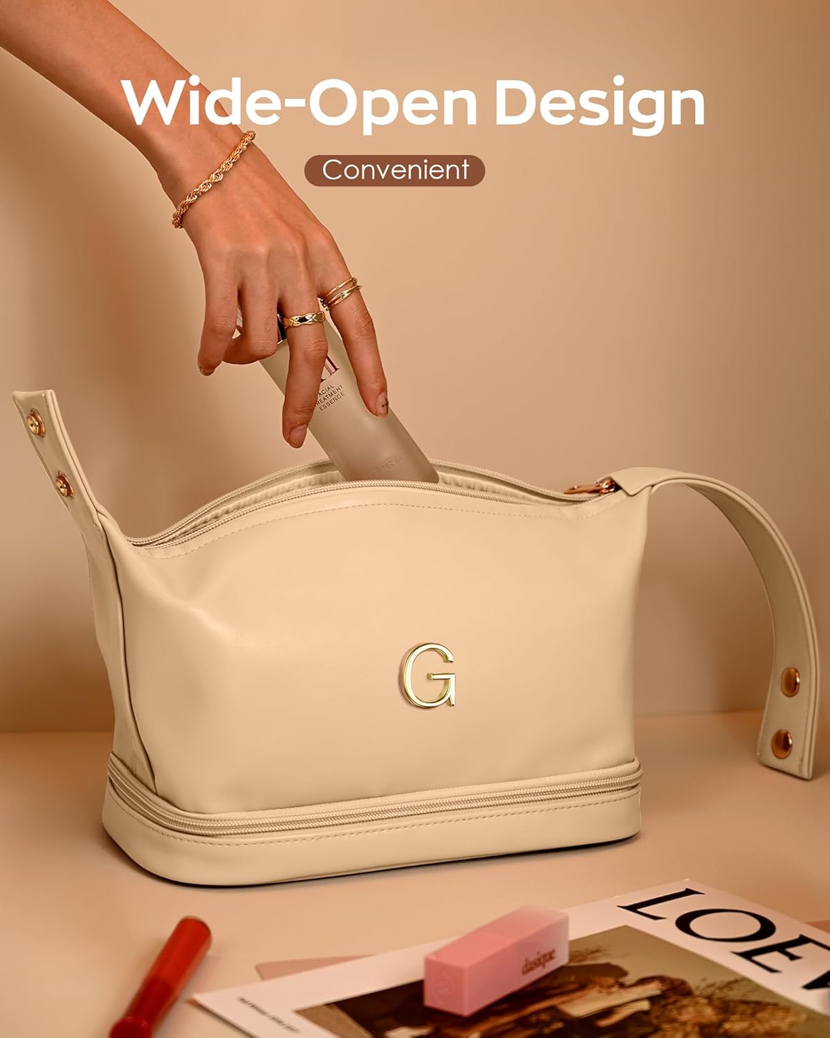 Makeup Bag with Handle, Waterproof Double Layer Cosmetic Bag, Large Capacity PU Leather Makeup Bags