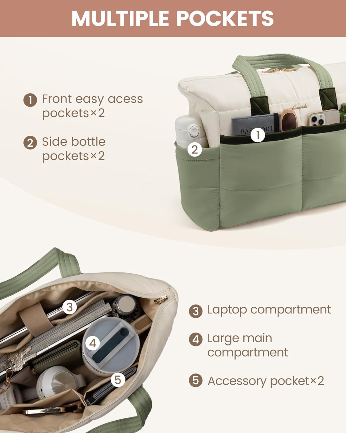 LOVEVOOK Tote Bag for Women,Light Puffer Tote Bag with Multi-pockets,Stylish Carry on Laptop Bags for Daily,Travel,Work,Gym