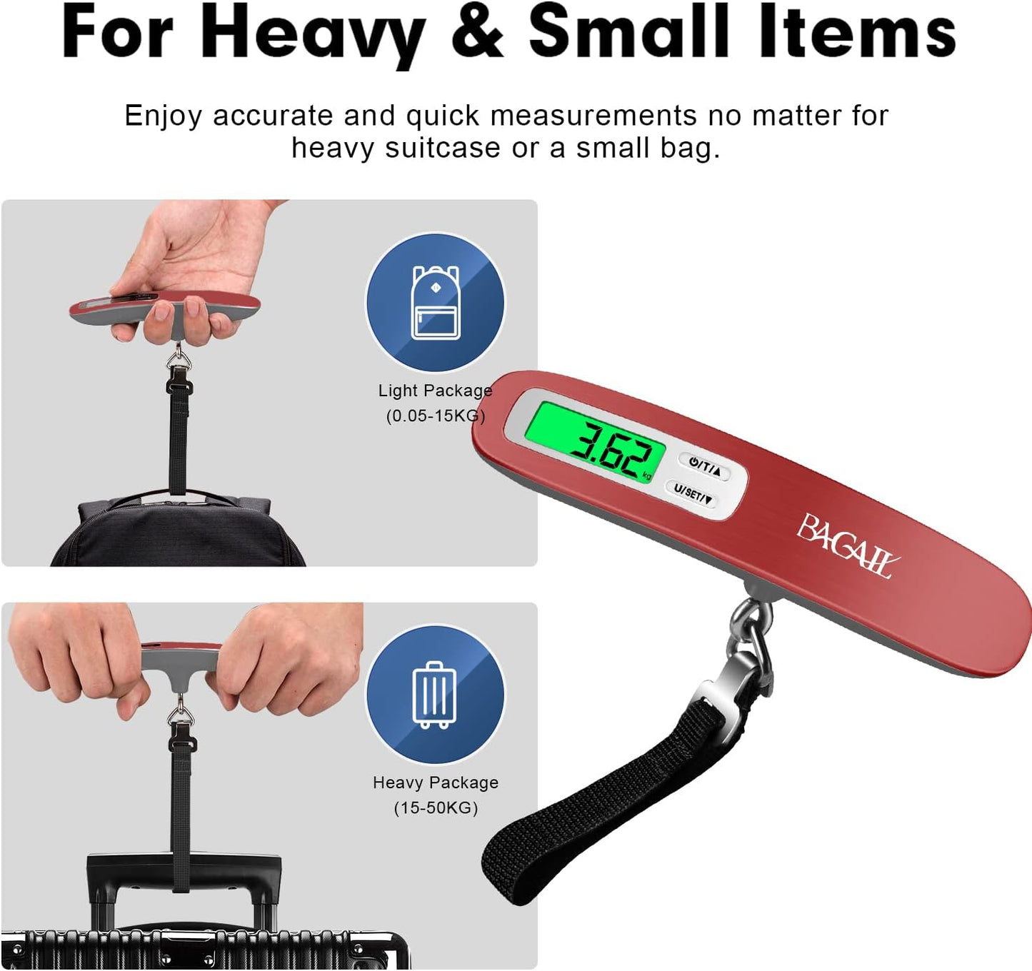 BAGAIL Digital Luggage Scale, 110lbs Hanging Baggage Scale with Backlit LCD Display, Portable Suitcase Weighing Scale, Travel Luggage Weight Scale with Hook, Strong Straps for Travelers