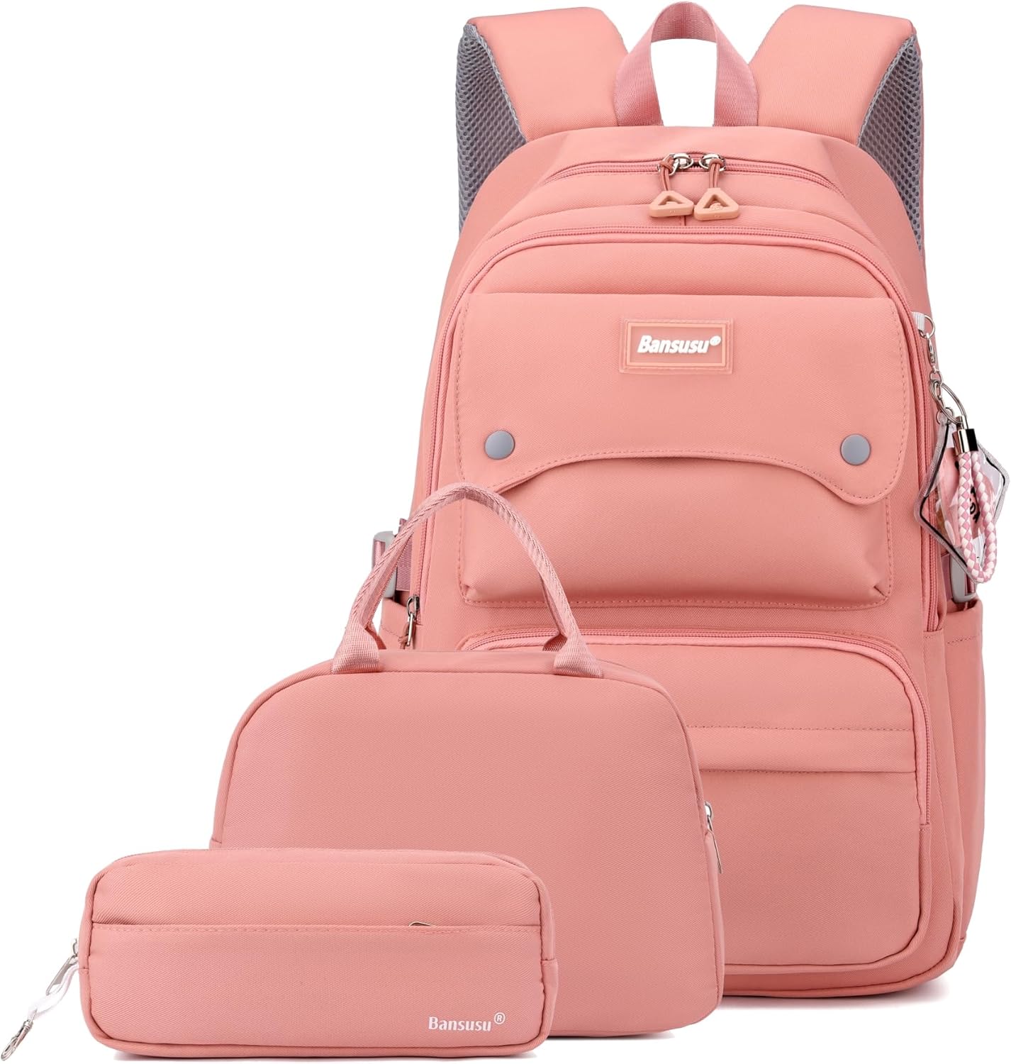 3Pcs Pink Kids Backpack and Lunch Bag Set for Girls, Solid Color School Bag Backpack with Lunchbox