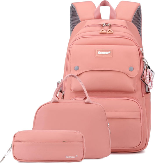 3Pcs Pink Kids Backpack and Lunch Bag Set for Girls, Solid Color School Bag Backpack with Lunchbox, Pink