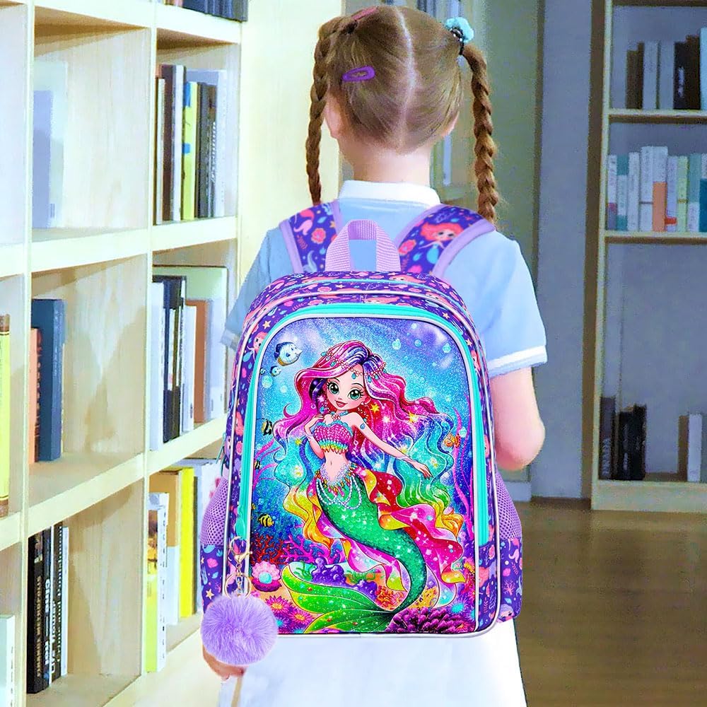 16" Mermaid Backpack, 3Pcs School Bookbag for Girls with Lunch Box, Kids Backpacks for Elementary