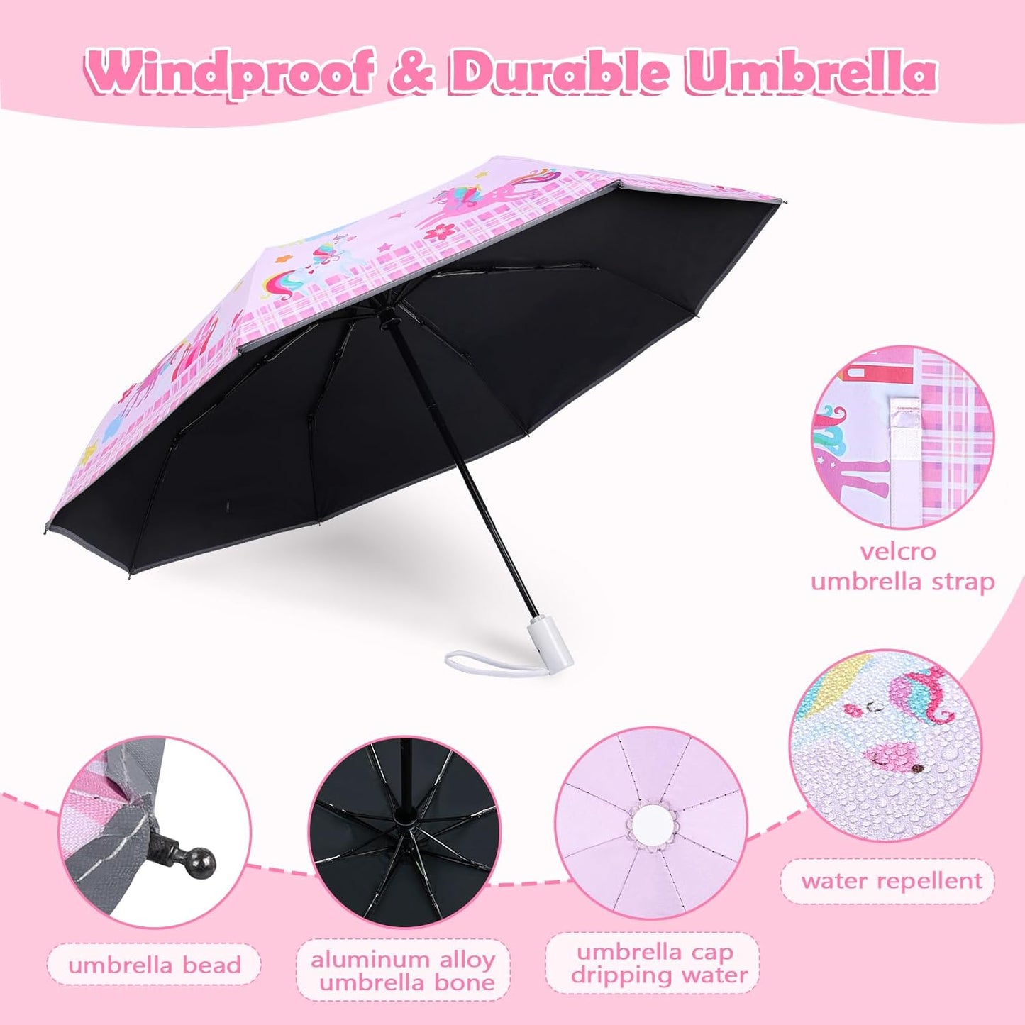 Kids Folding Umbrella Auto Open/Close Anti-rebound Safe Design UV Resistant Automatic Children Travel Umbrellas 8 Rib Reinforced Canopy 360° Reflective Strip Lightweight Cute Umbrella for Girls & Boys