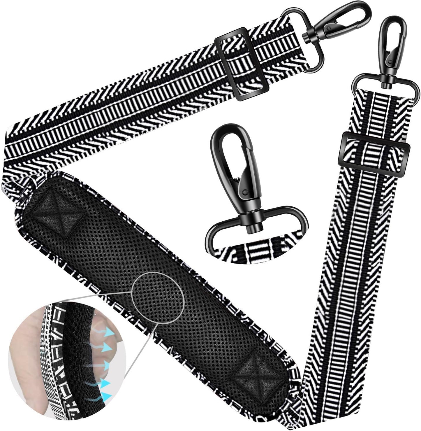 ZINZ Shoulder Strap 59 Inch Universal Bag Strap with Ultra-thick Fixed Breathable Pad Adjustable Heavy-duty Shoulder Strap for Laptop bag Crossbody Gym Bag Camera Bag and more - Black White Jacquard