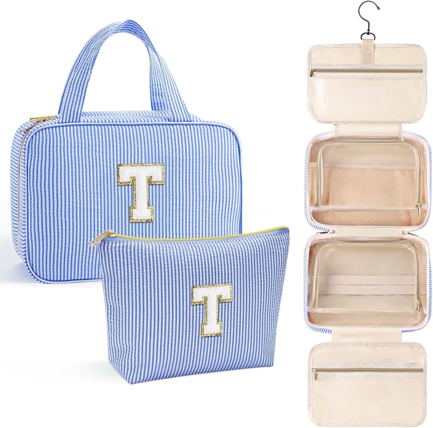 YOOLIFE Hanging Toiletry Bag for Women - Travel Toiletry Bag Makeup Bag, Portable Toiletries Cosmetic Bag, Airplane Travel Essentials - Letter T, Blue