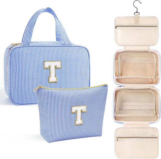 YOOLIFE Hanging Toiletry Bag for Women - Travel Toiletry Bag Makeup Bag, Portable Toiletries Cosmetic Bag, Airplane Travel Essentials - Letter T, Blue