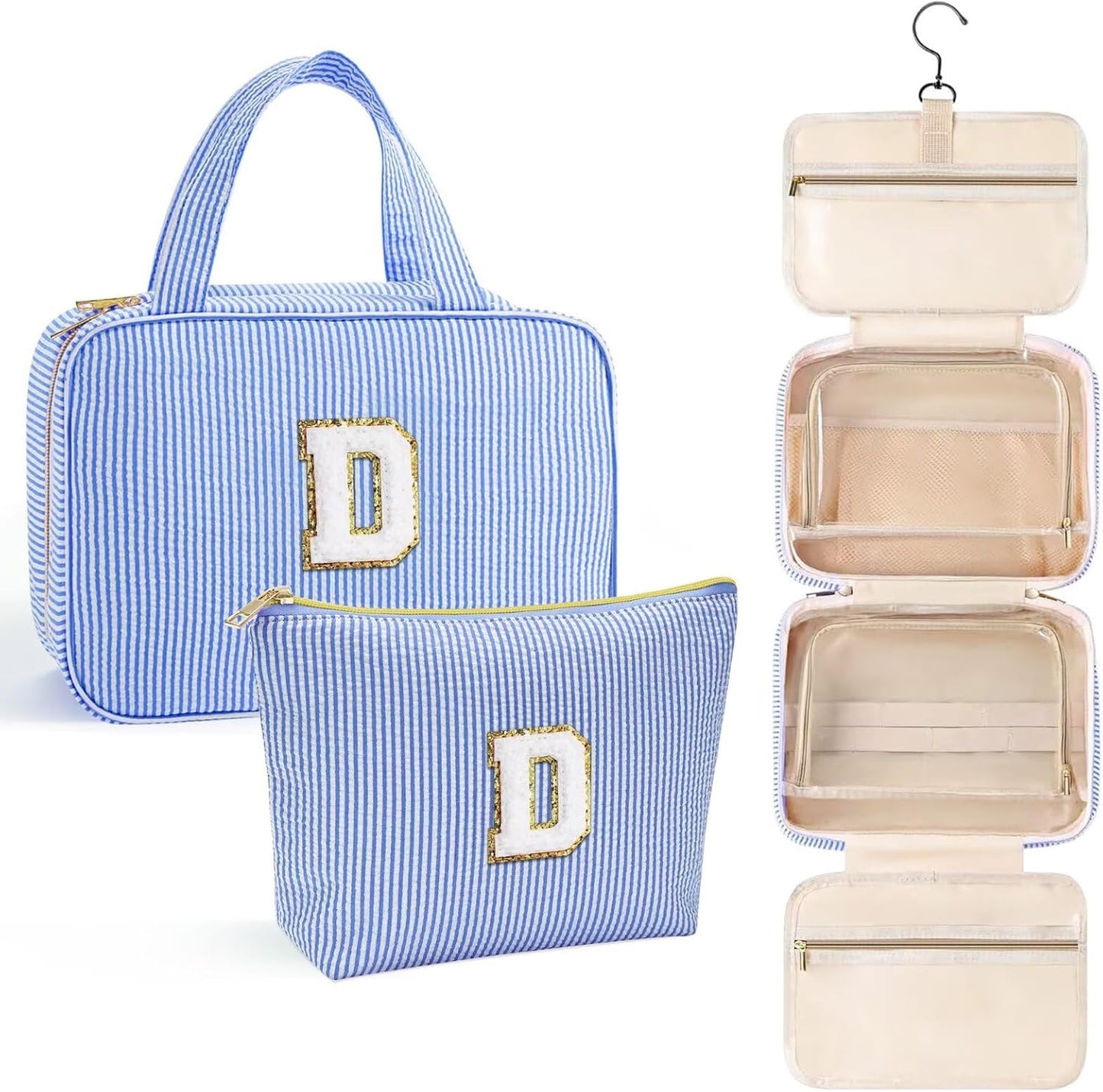 YOOLIFE Travel Toiletry Bag for Women - Hanging Toiletry Bag, Large Capacity Personalized Makeup Pouch, Travel Essentials - Letter D, Blue