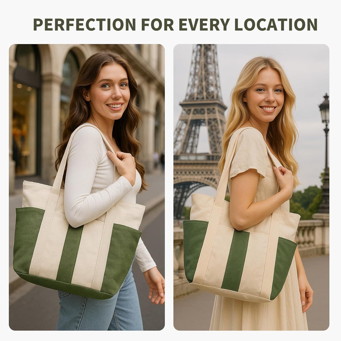 Large Canvas Tote Bag,White and Green, with Laptop Sleeve and Multiple Pockets