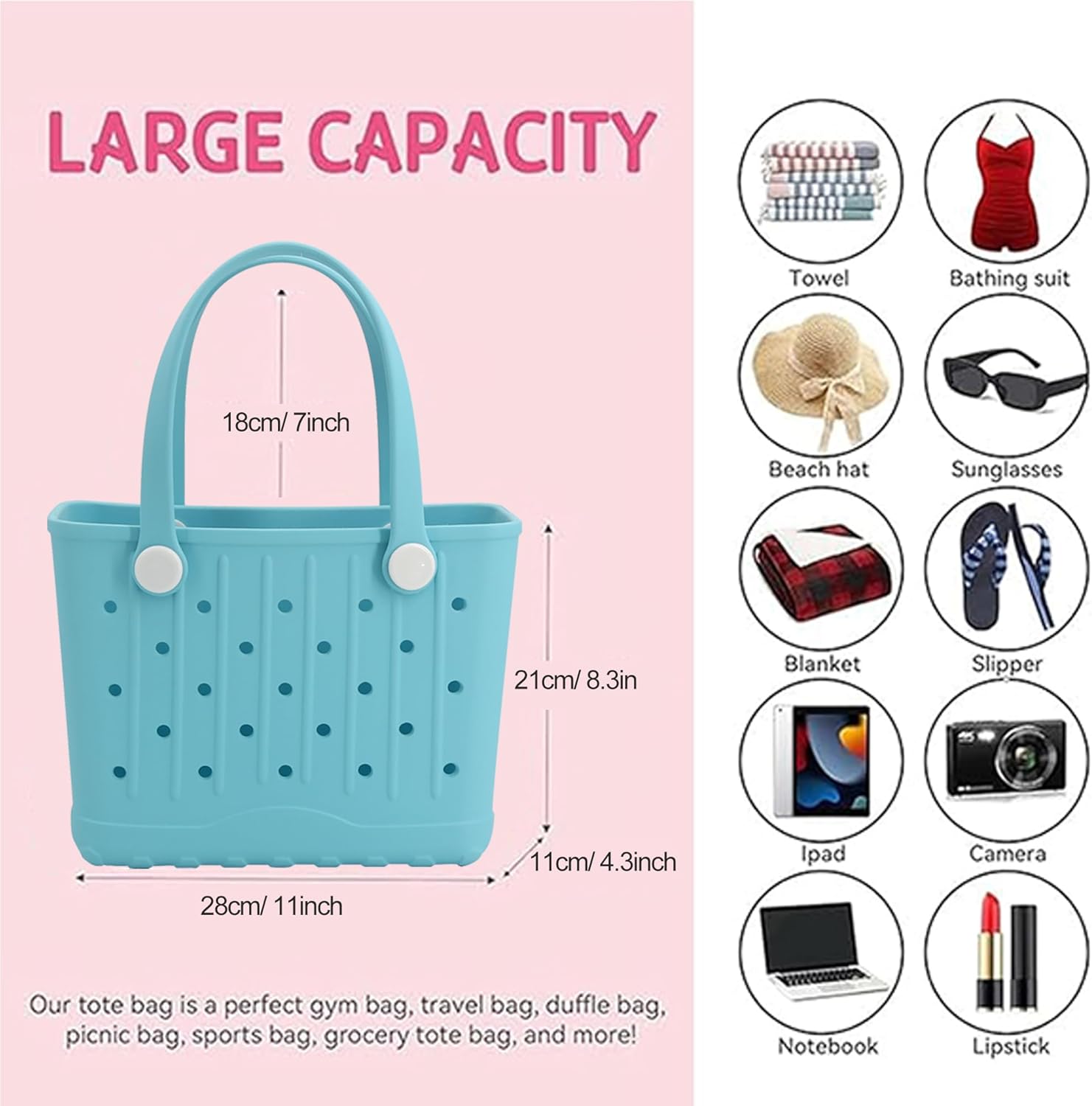 Rubber Tote Bag Small Beach Bag Waterproof Travel Bags Washable Tote Portable Open Handbag for