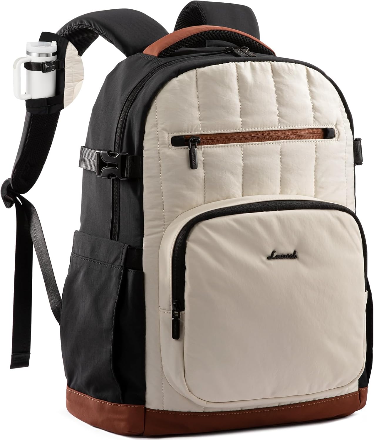 LOVEVOOK Laptop Backpack Women with Pouch Pocket for Large Capacity Cup,17 Inch Lightweight Puffer Computer Laptop Bag Travel Backpack Purse for Work College Teacher Personal Item,Black-White-Brown