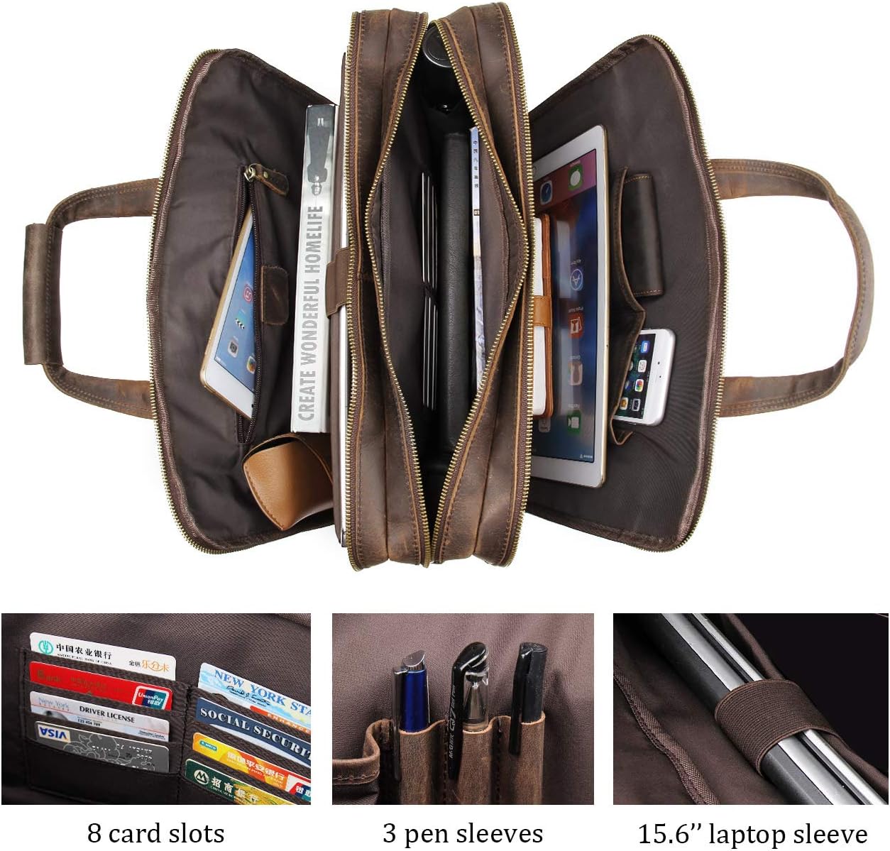 Augus Leather Briefcase for Men Business Travel Messenger Bags 15.6 Inch Laptop Bag YKK Metal