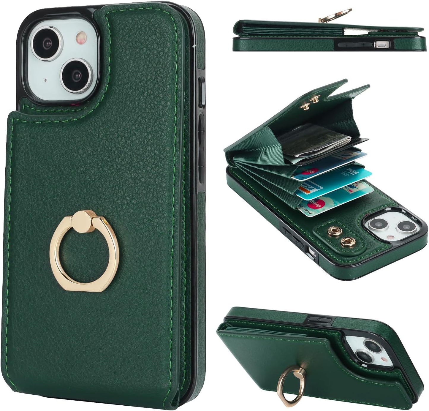 Folosu Compatible with iPhone 14 Case Wallet with Card Holder, 360°Rotation Finger Ring Holder Kickstand, RFID Blocking Leather Protective Double Buttons Shockproof Cover 6.1 Inch Dark Green