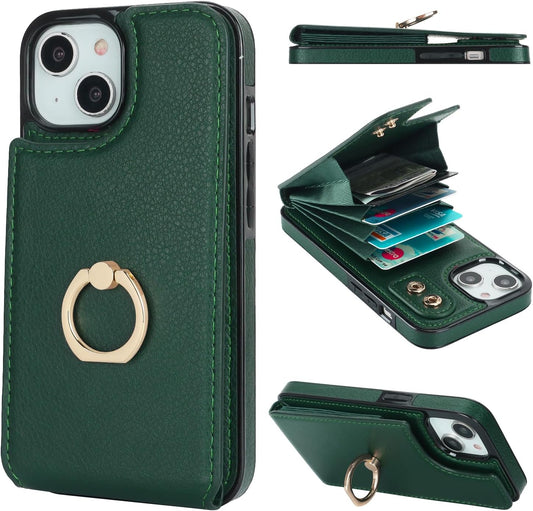 Folosu Compatible with iPhone 14 Case Wallet with Card Holder, 360°Rotation Finger Ring Holder Kickstand, RFID Blocking Leather Protective Double Buttons Shockproof Cover 6.1 Inch Dark Green