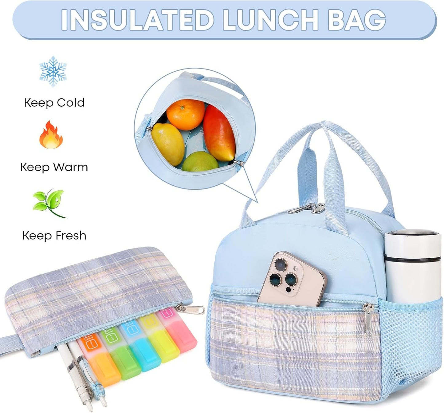 3PCS School Backpack For Student Women College Middle High Teen Girls Bookbag Waterproof Laptop Bag Plaid Blue