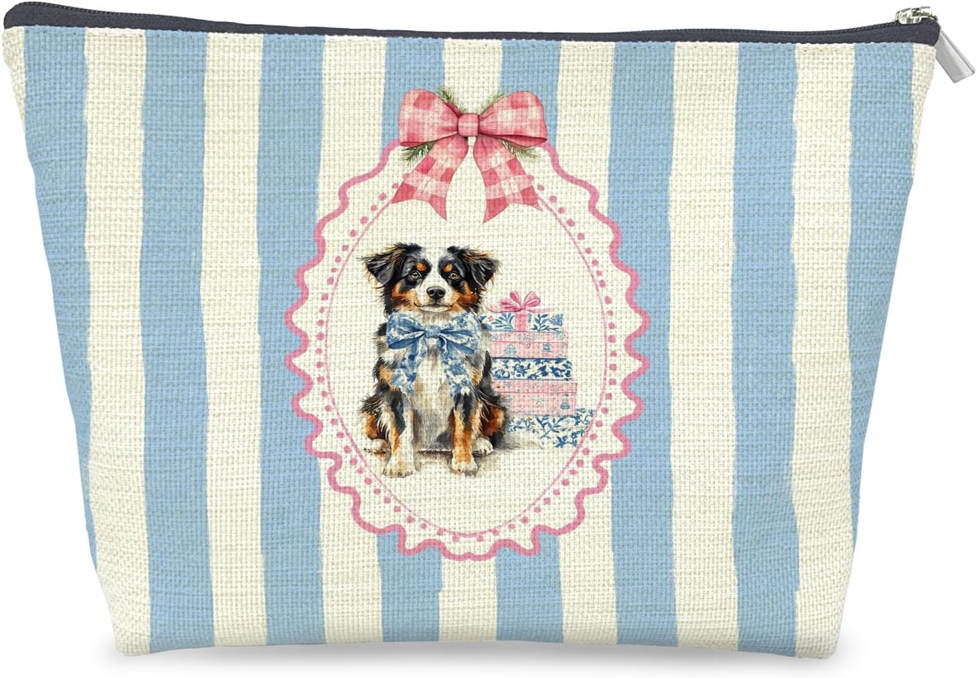 Coquette Chinoiserie Christmas Australian Shepherd Makeup Bag Gifts for Women, Preppy Grandmillennial Aussie Dog Cosmetic Bag, Xmas Blue Striped Zipper Makeup Pouch Travel Toiletry Bag