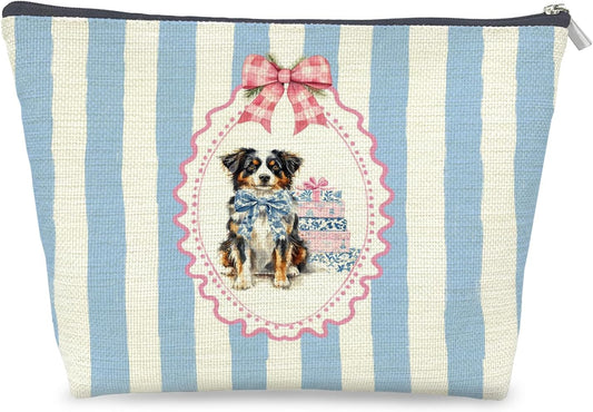 Coquette Chinoiserie Christmas Australian Shepherd Makeup Bag Gifts for Women, Preppy Grandmillennial Aussie Dog Cosmetic Bag, Xmas Blue Striped Zipper Makeup Pouch Travel Toiletry Bag