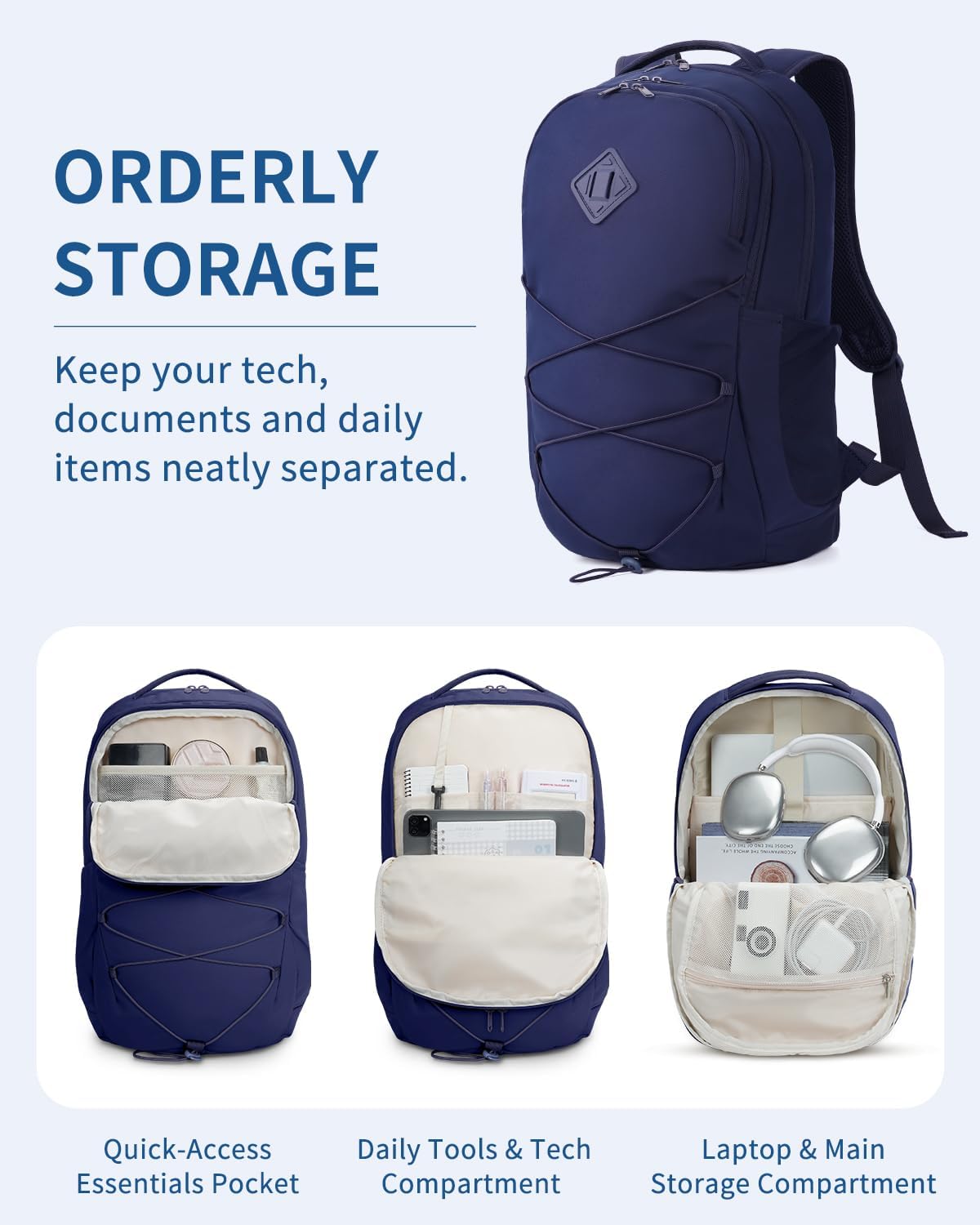 WANDF 15.6-Inch Laptop Backpack for Women, Travel Backpack Water-Resistant Lightweight College Backpack for Work Casual Business Weekender (Navy Blue)