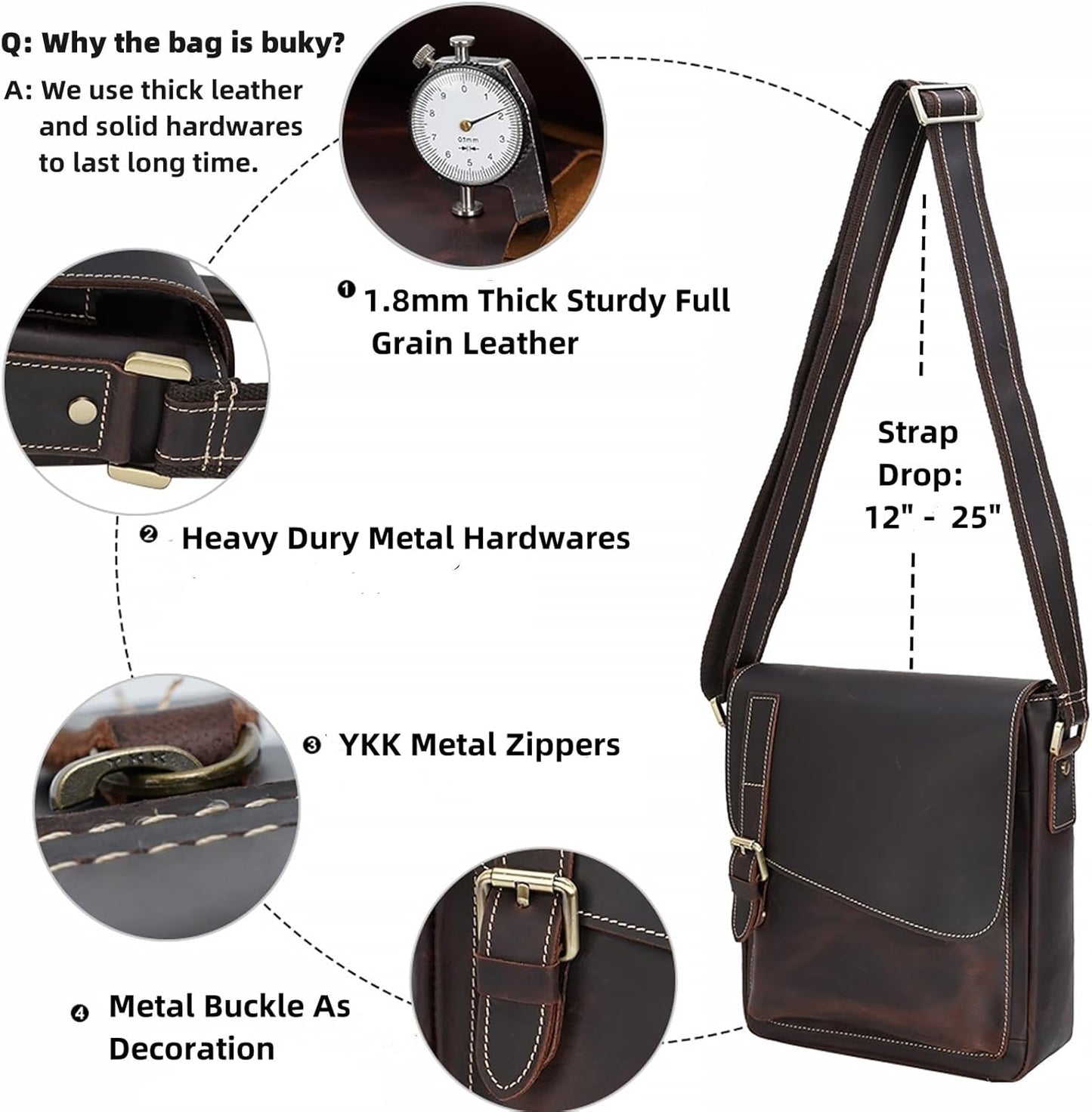 Masa Kawa Leather Messenger Bag Small Crossbody Shoulder Bag for Men Women Flap Over Man Purse Fits
