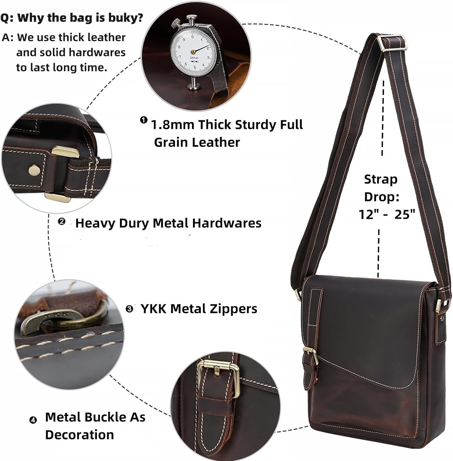Masa Kawa Leather Messenger Bag Small Crossbody Shoulder Bag for Men Women Flap Over Man Purse Fits